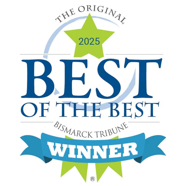 Best of the Best 2025 winner badge from the Bismarck Tribune, featuring a green star, blue ribbon, and bold blue text—celebrating your achievement as Best of Bismarck 2025.