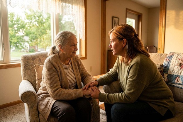 Younger adult holding hands with an older adult seated in an armchair in a warm, sunlit living room, sharing a caring conversation.
