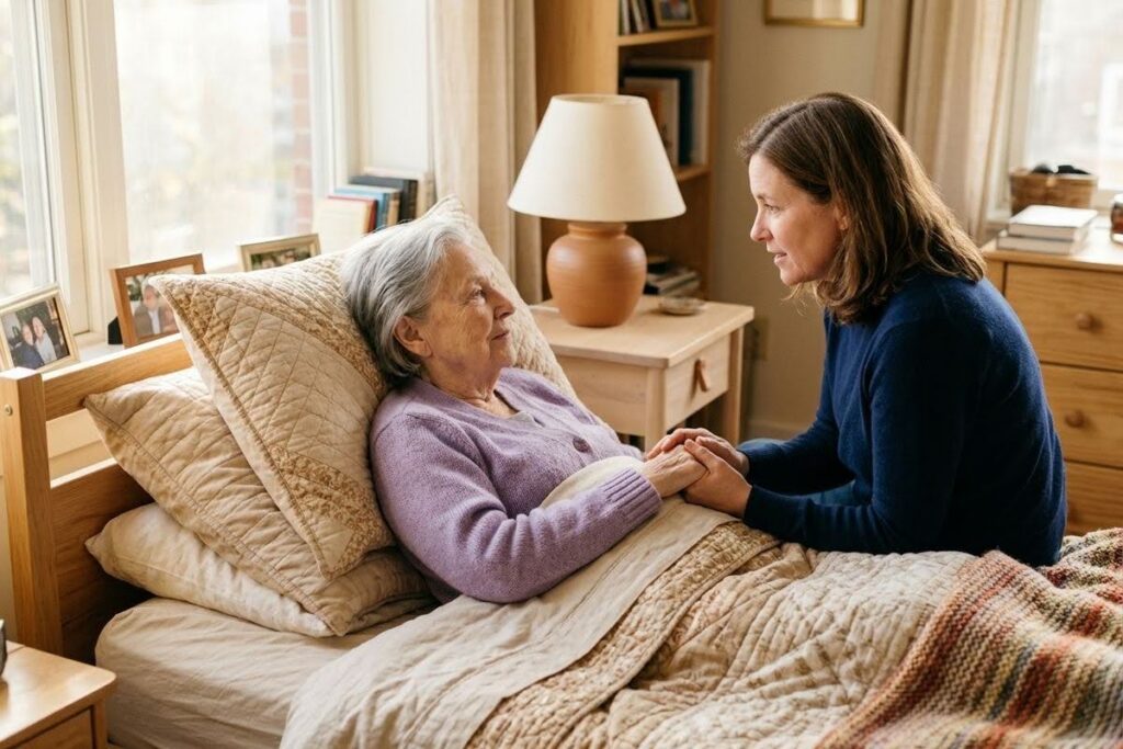 An adult sits beside an older person resting in bed, holding hands and talking in a bedroom.