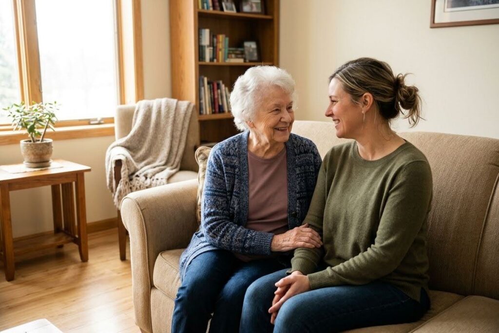 An older adult and a younger adult sit together on a couch, smiling and holding hands.