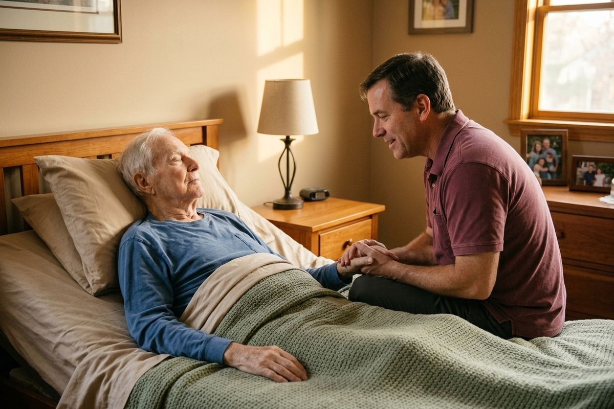 An adult sits at the bedside and holds the hand of an older person resting in bed.